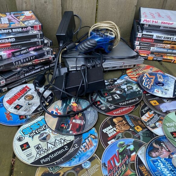 Sony PlayStation 2 Bundle with Many PS2 Games, PS2 Slim Silver, and Cords - Picture 1 of 7